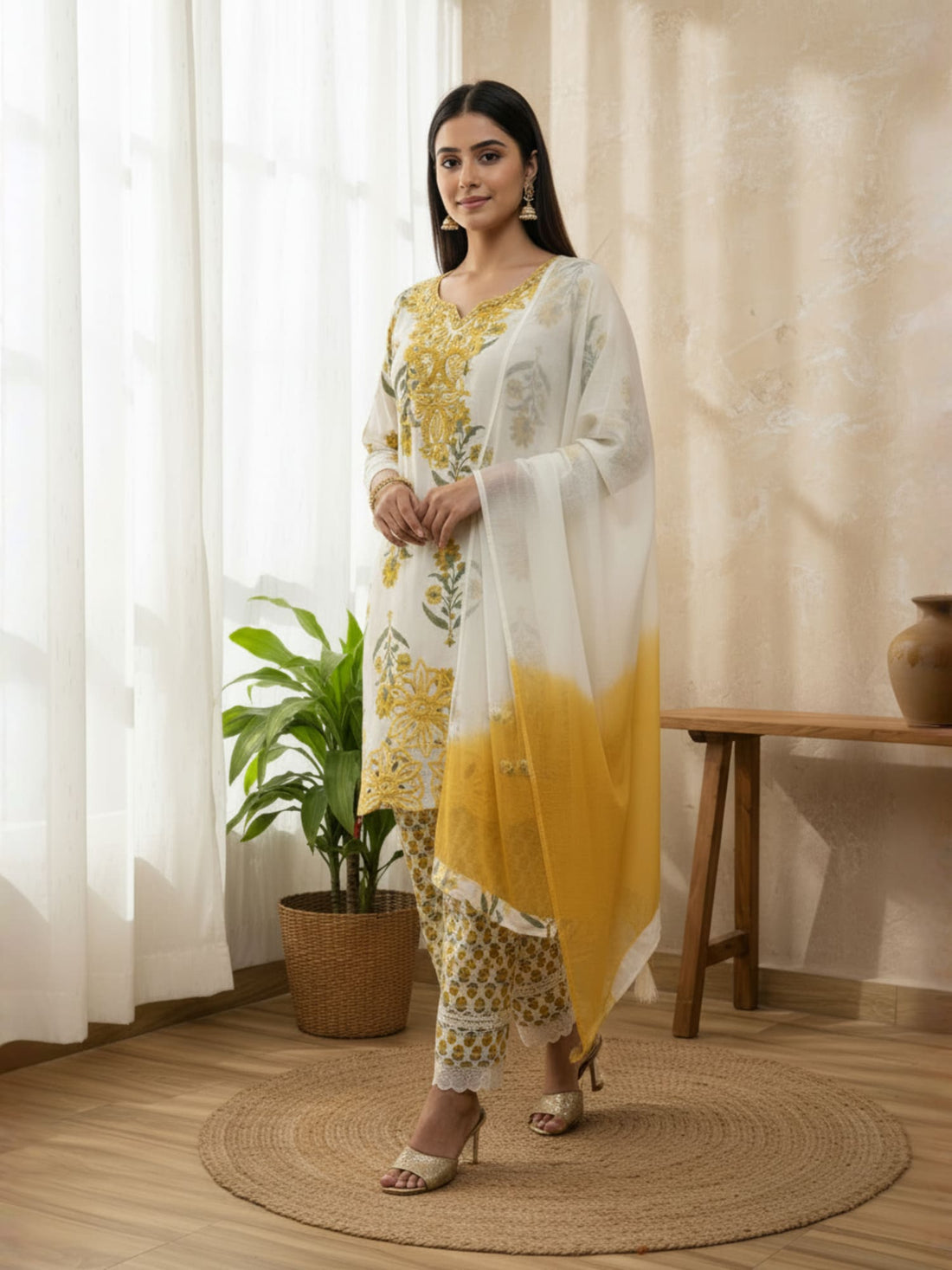 White and yellow suit with farshi salwar