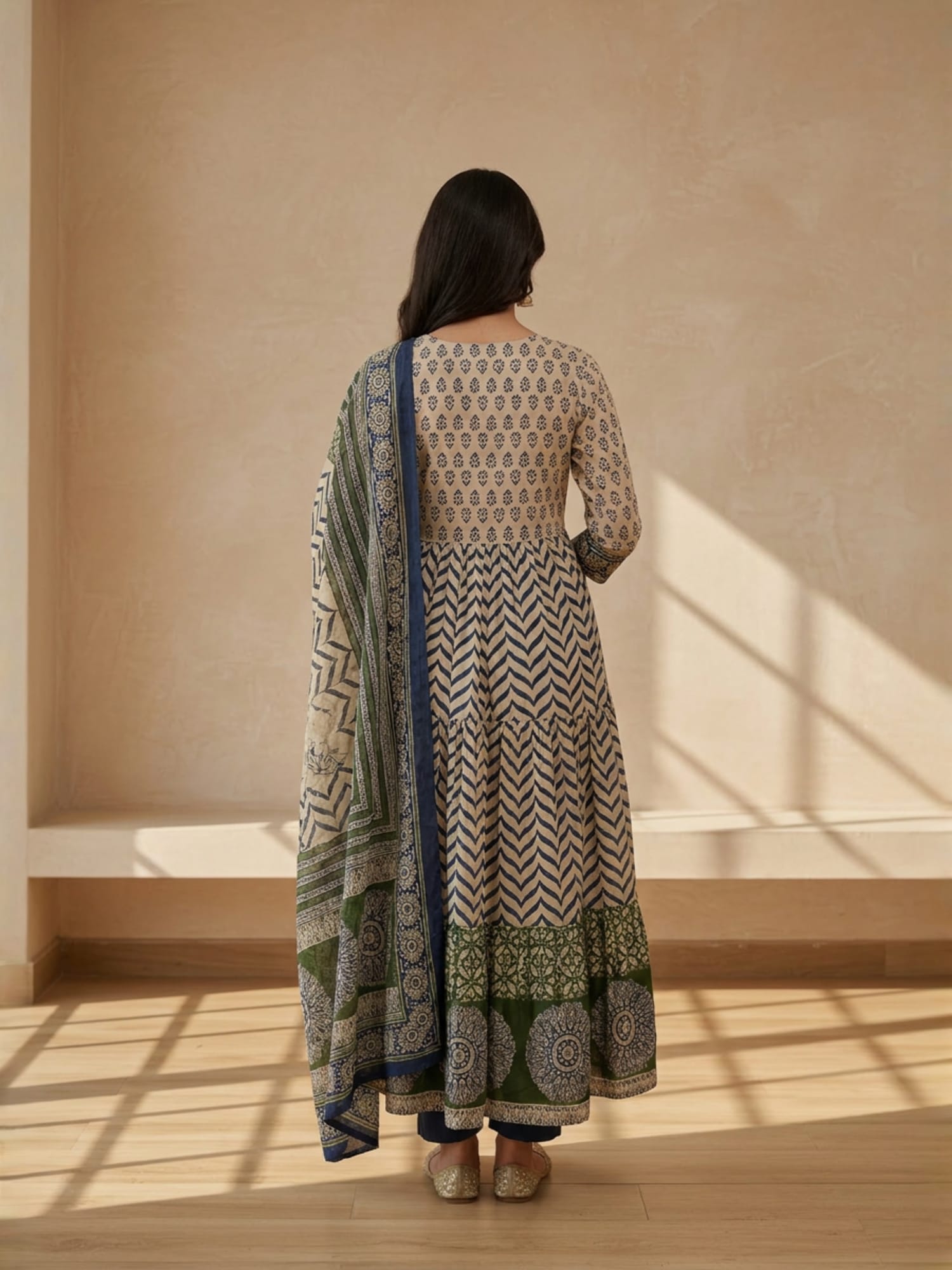 Angrakha style blue and green printed anarkali