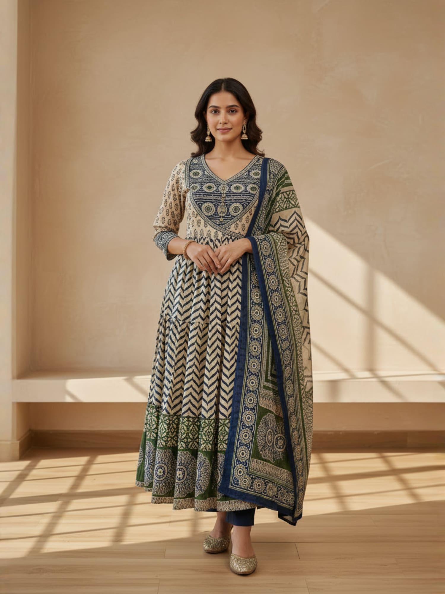 Angrakha style blue and green printed anarkali