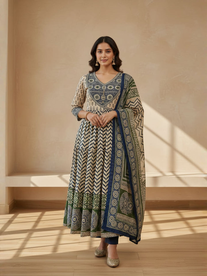 Angrakha style blue and green printed anarkali