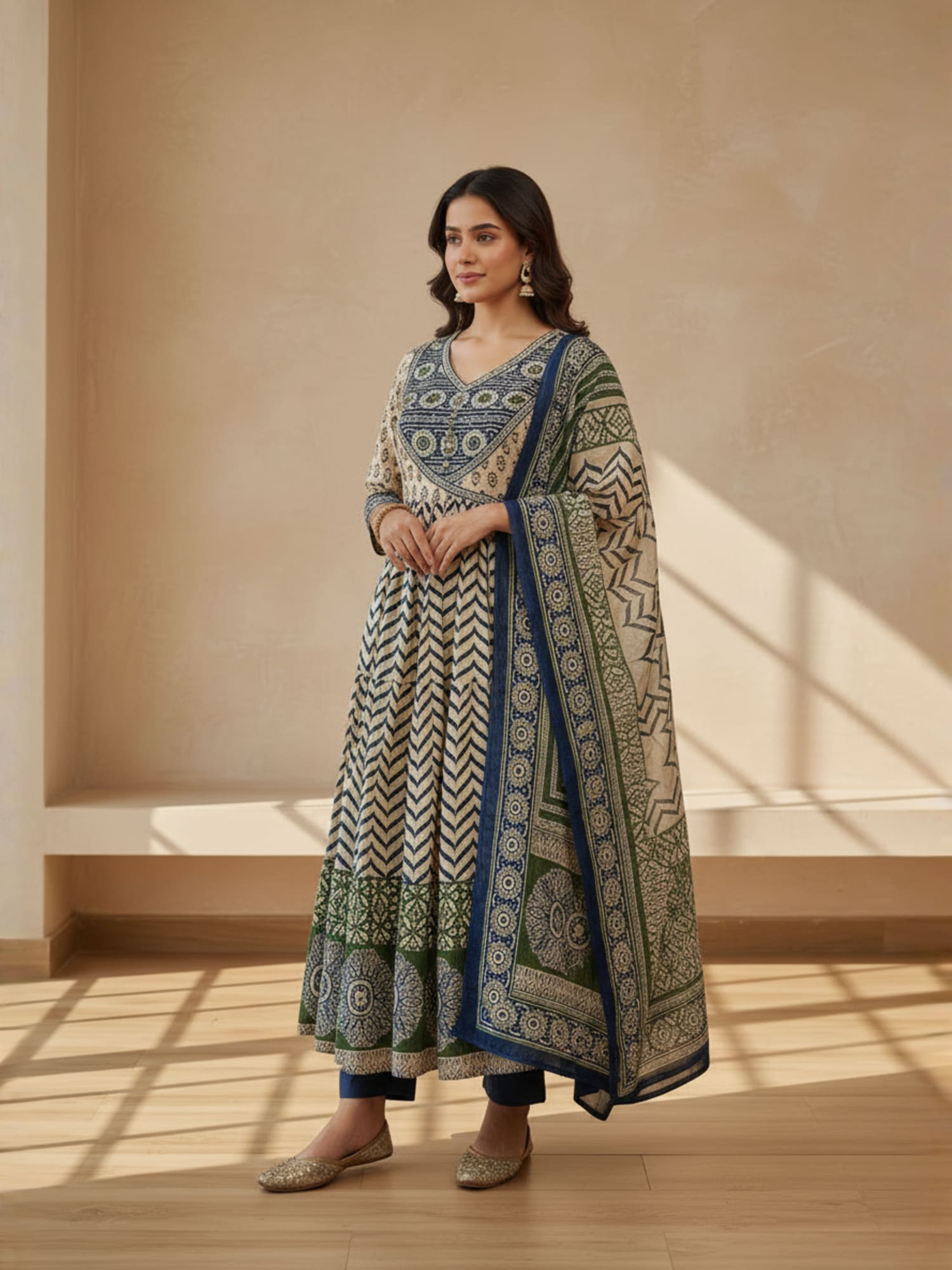 Angrakha style blue and green printed anarkali