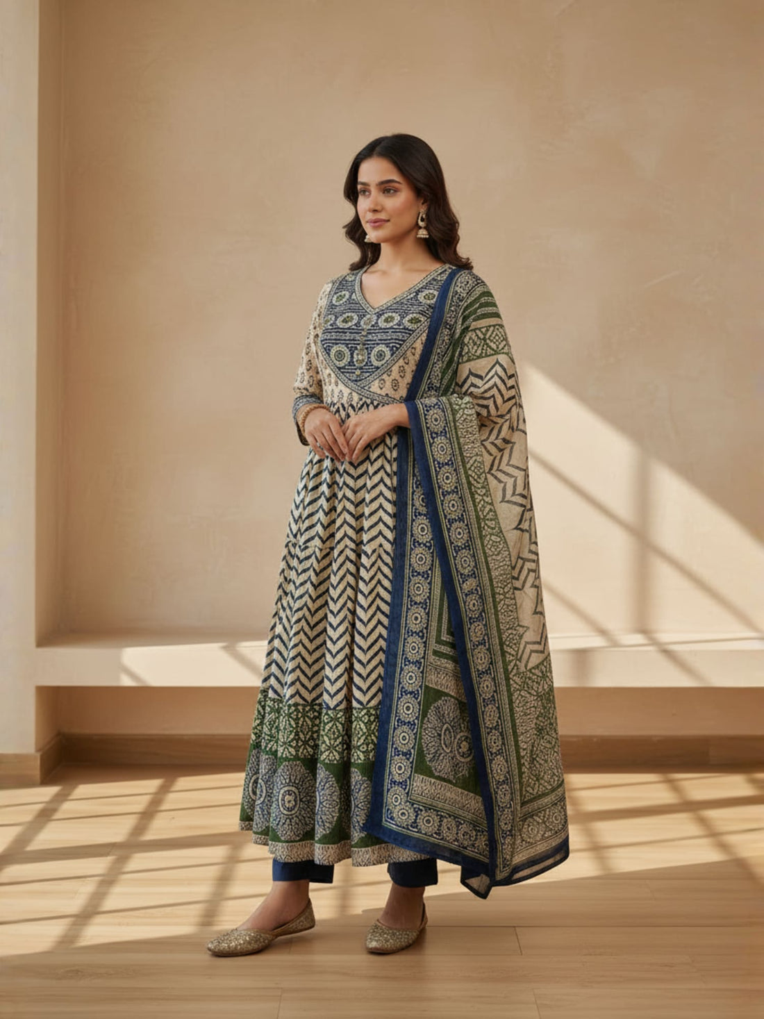 Angrakha style blue and green printed anarkali