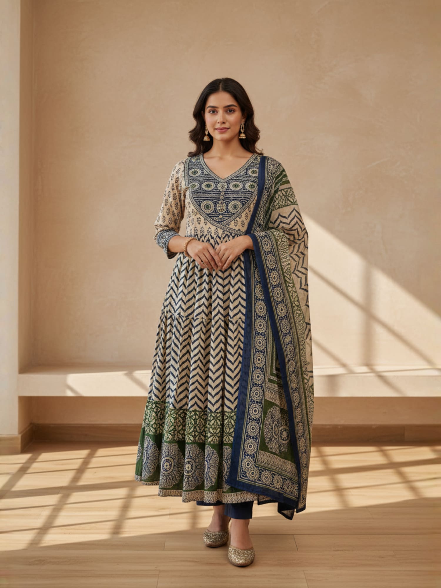 Angrakha style blue and green printed anarkali