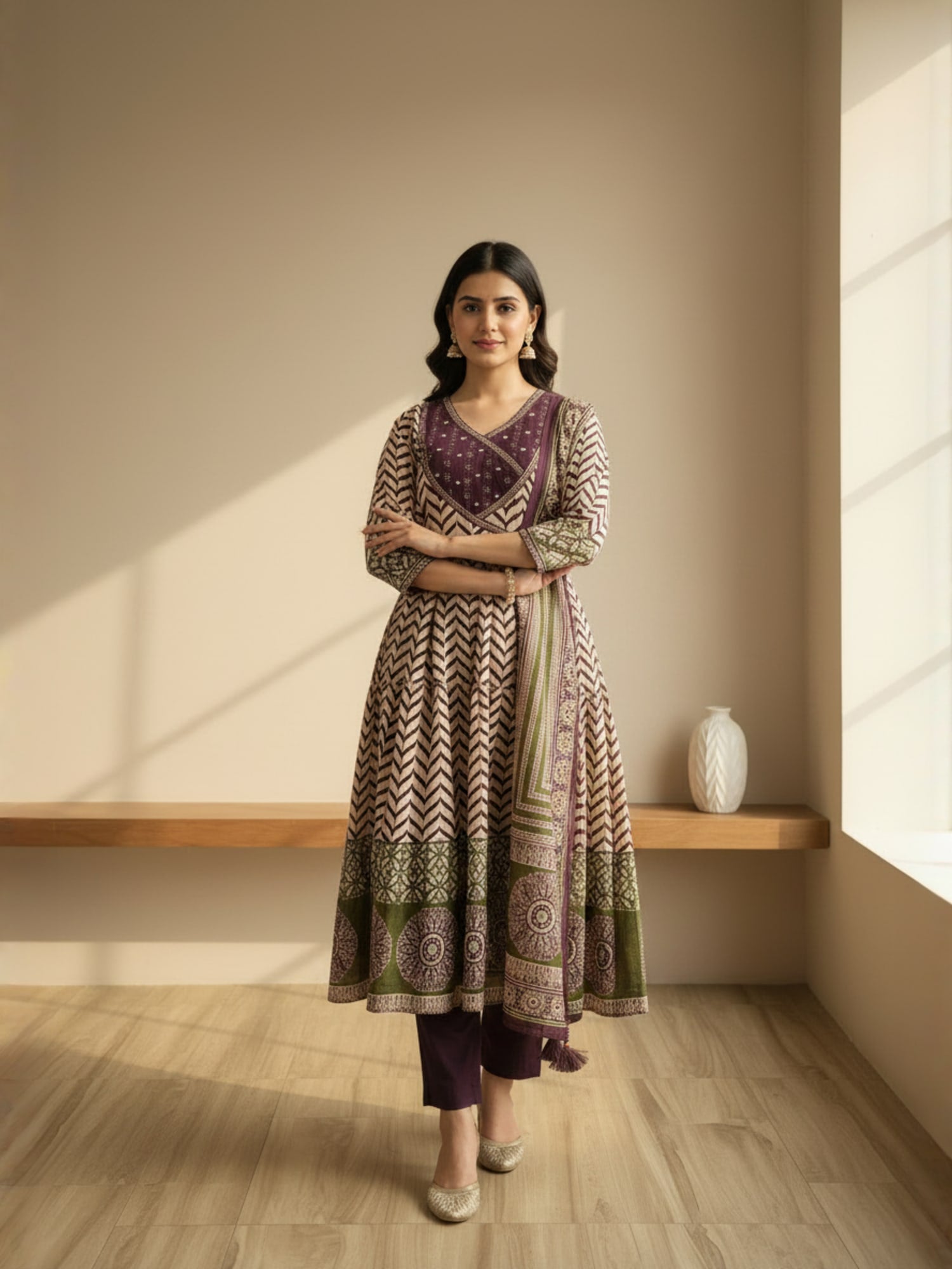 Angrakha style purple printed anarkali