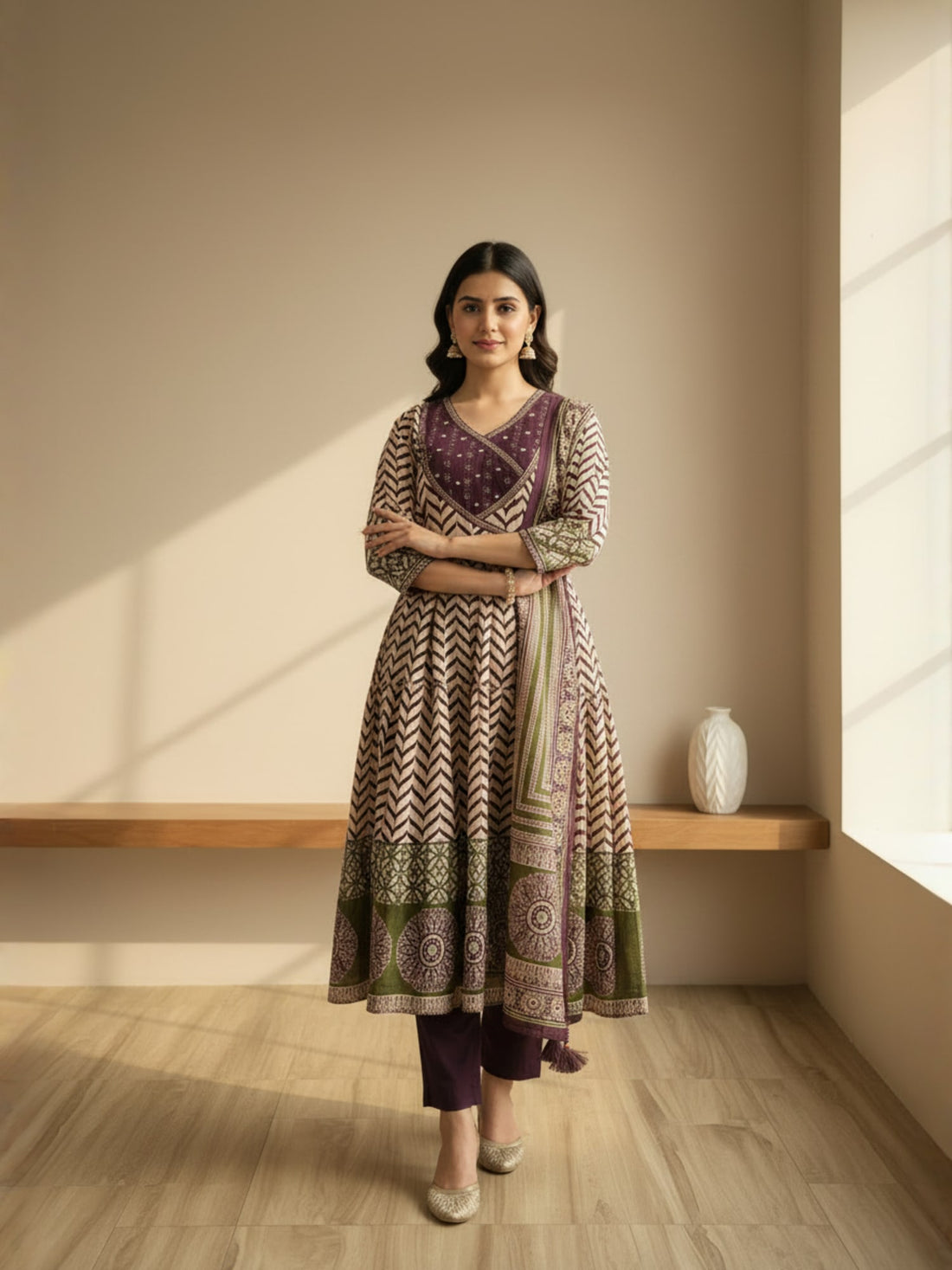 Angrakha style purple printed anarkali