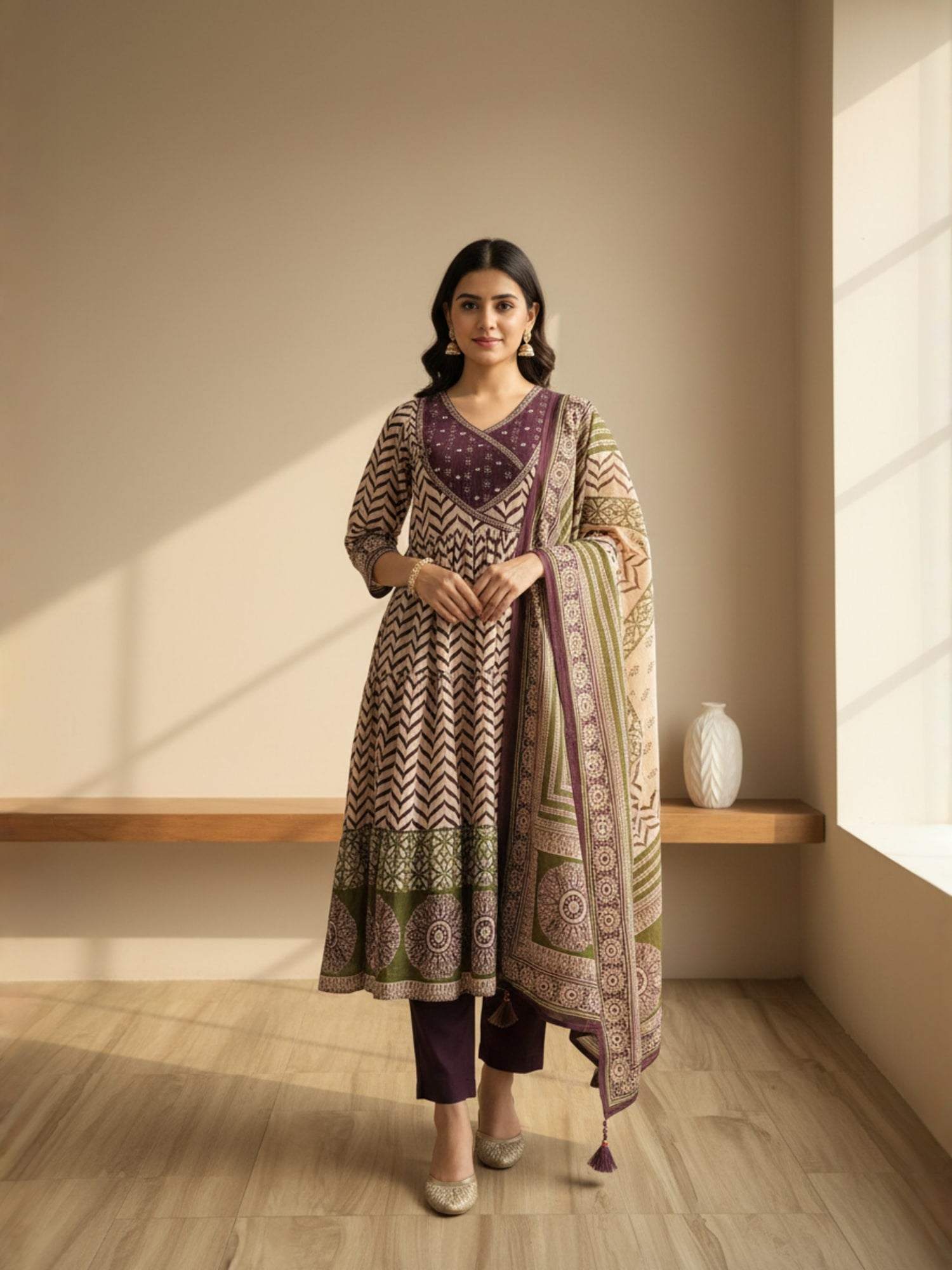 Angrakha style purple printed anarkali