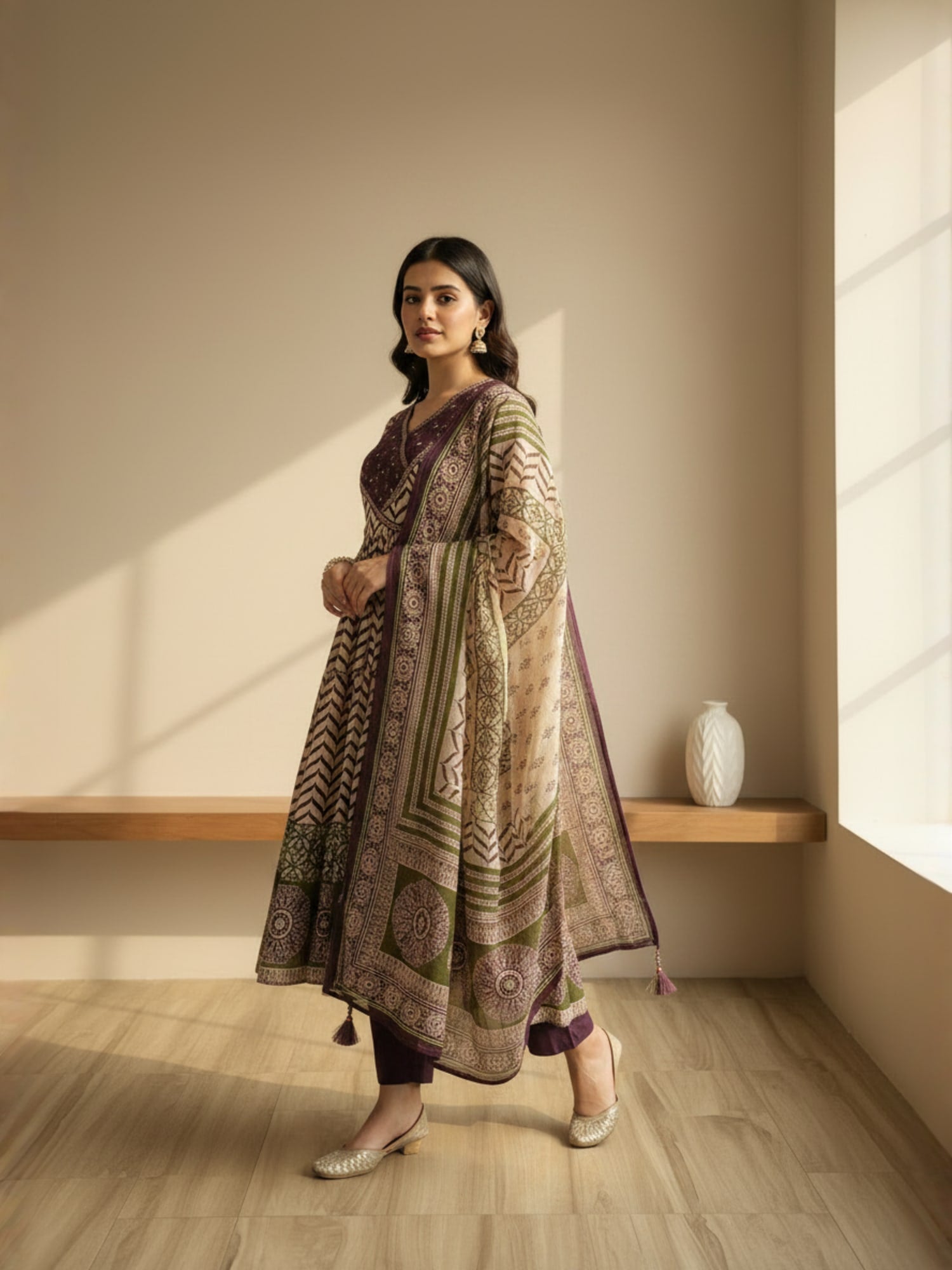 Angrakha style purple printed anarkali