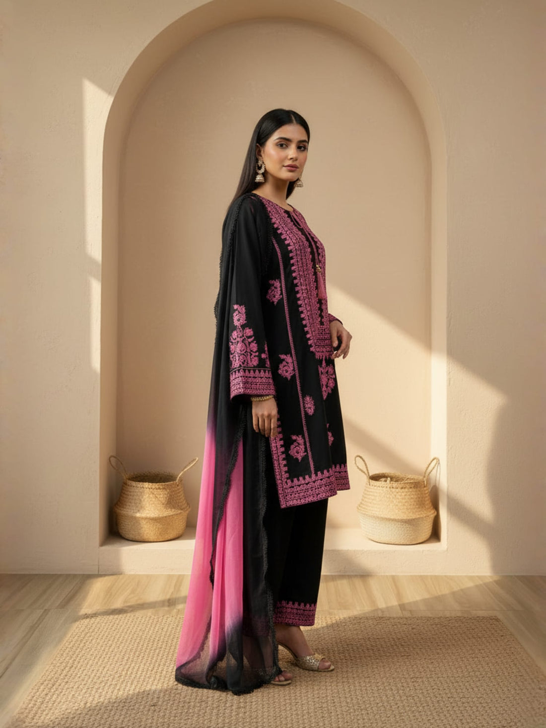 Pink and Black Pakistani three piece set