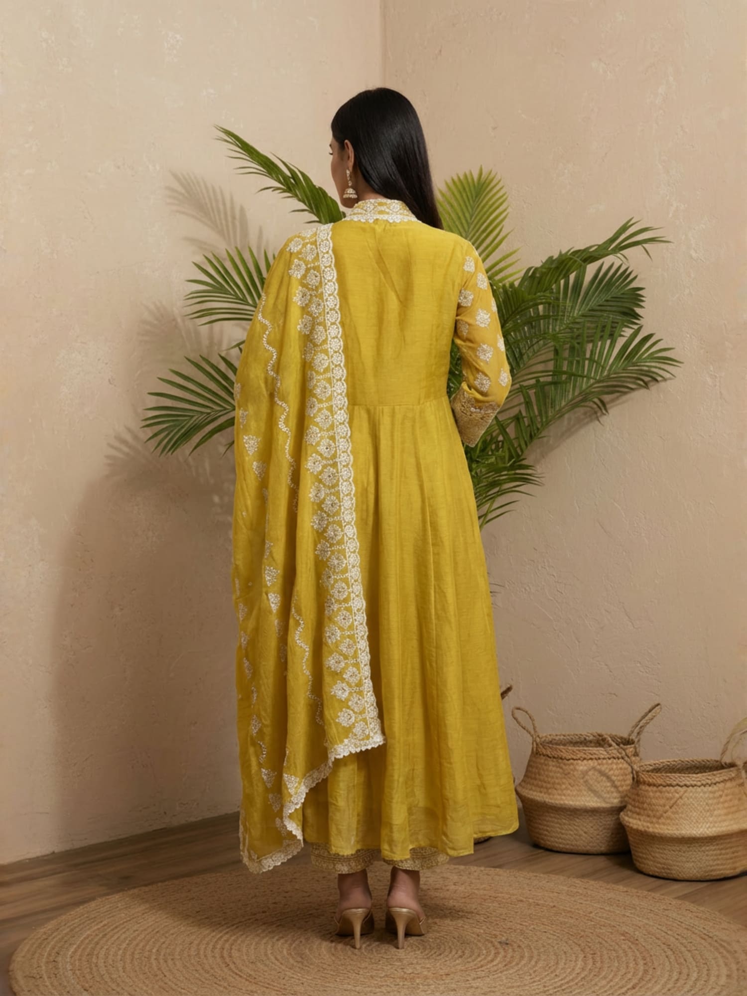 Yellow mul mul chikankari anarkali long