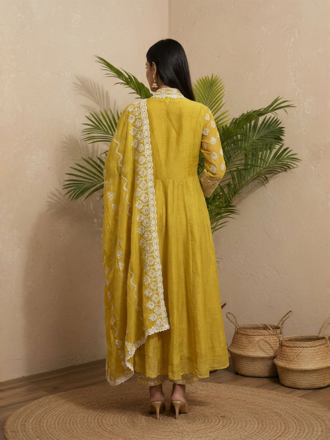 Yellow mul mul chikankari anarkali long