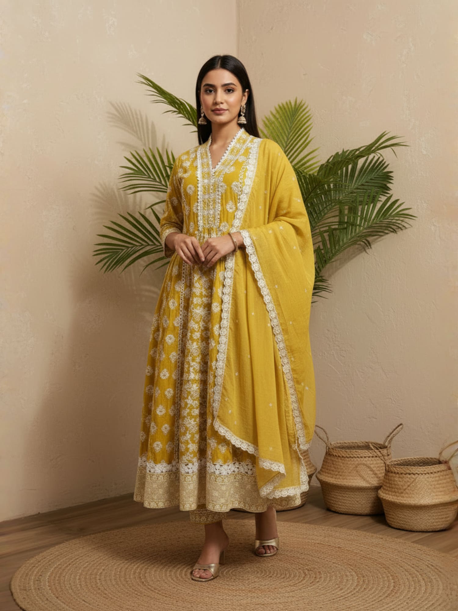 Yellow mul mul chikankari anarkali long
