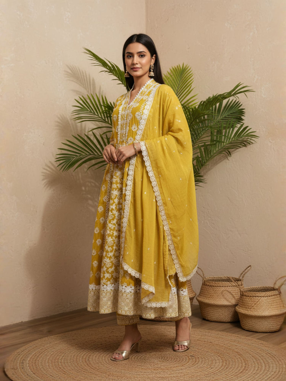 Yellow mul mul chikankari anarkali long