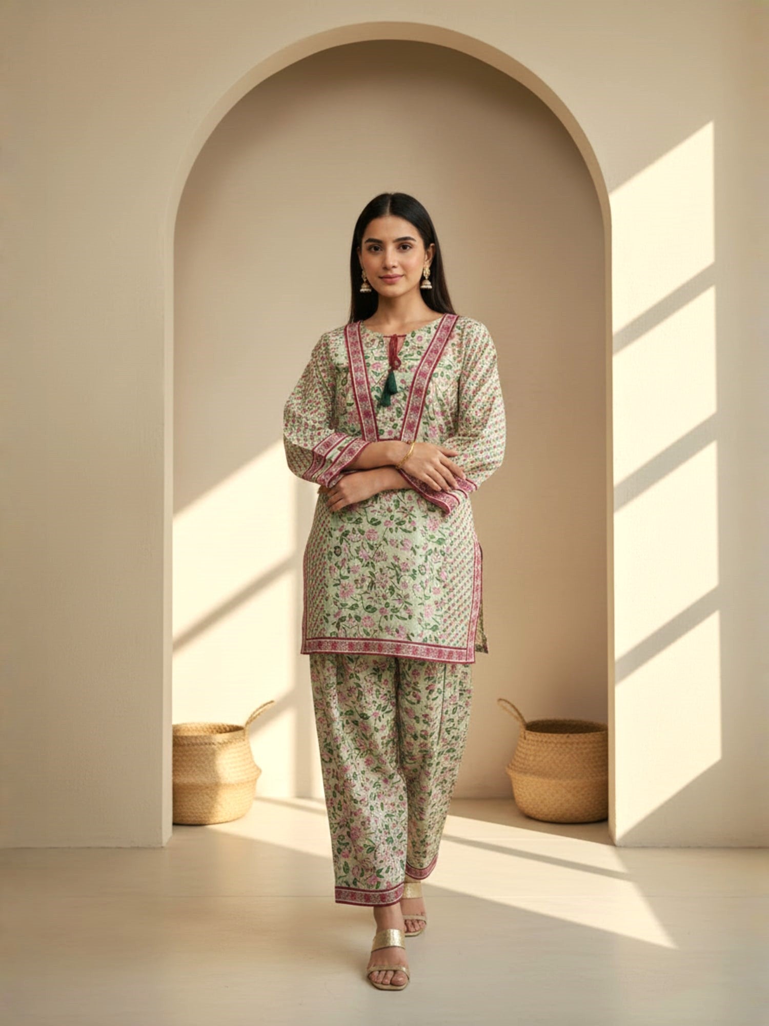 Farsi salwar green and pink Co-ord