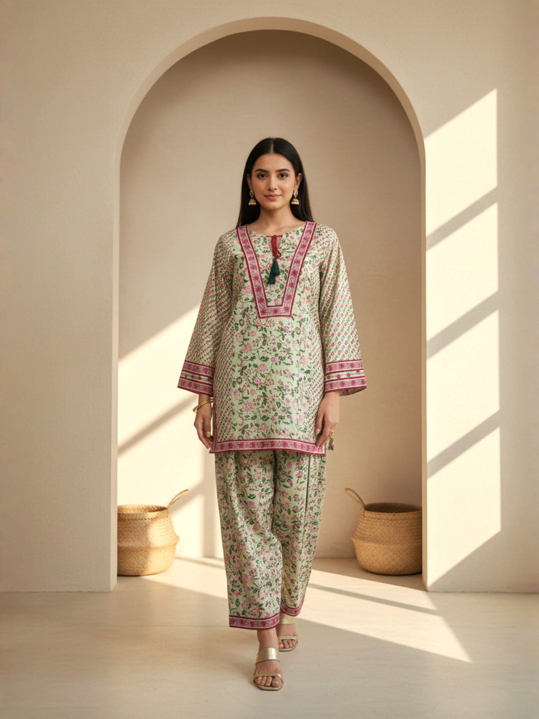 Farsi salwar green and pink Co-ord
