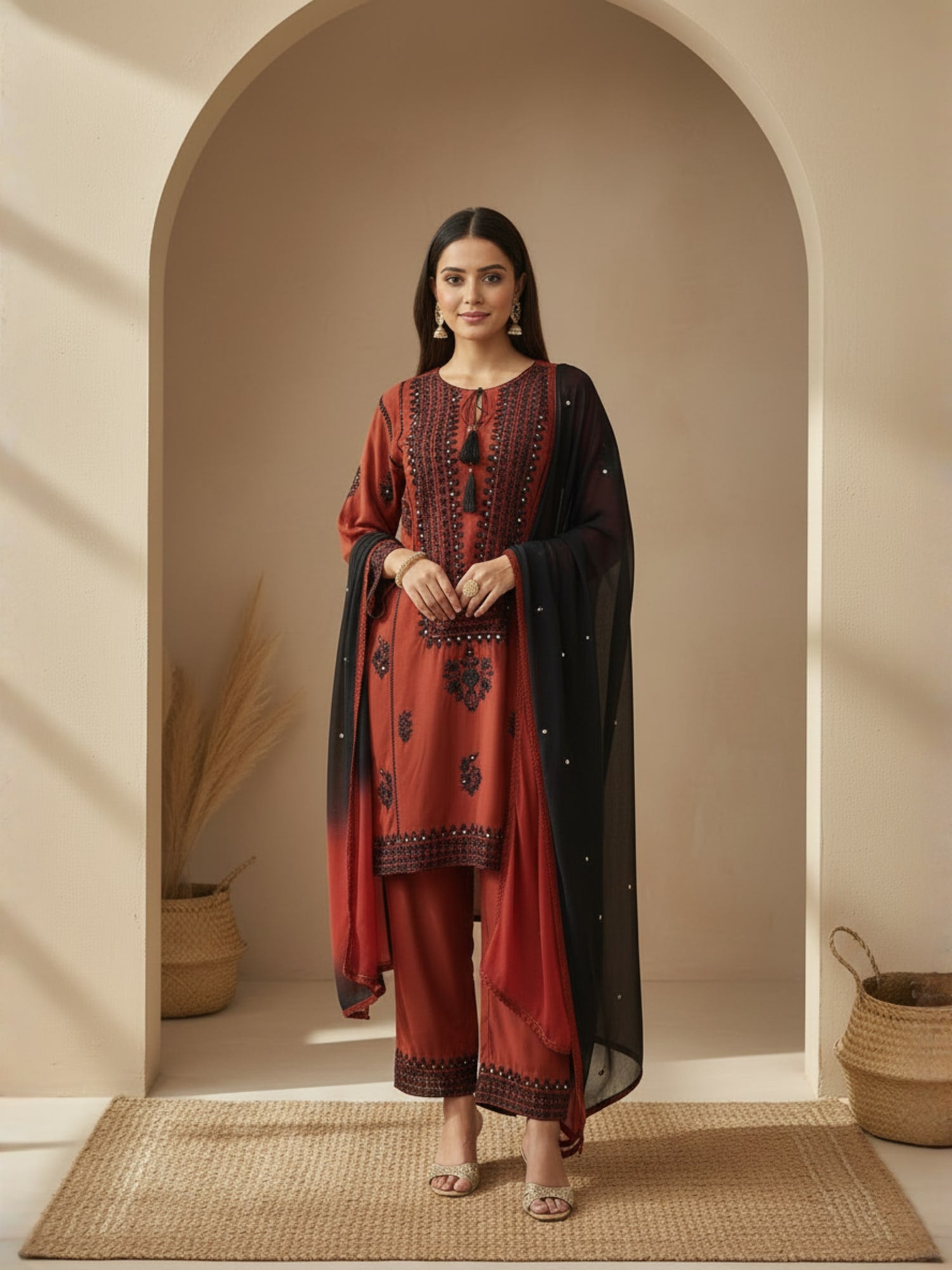 Red and Black Pakistani three piece set