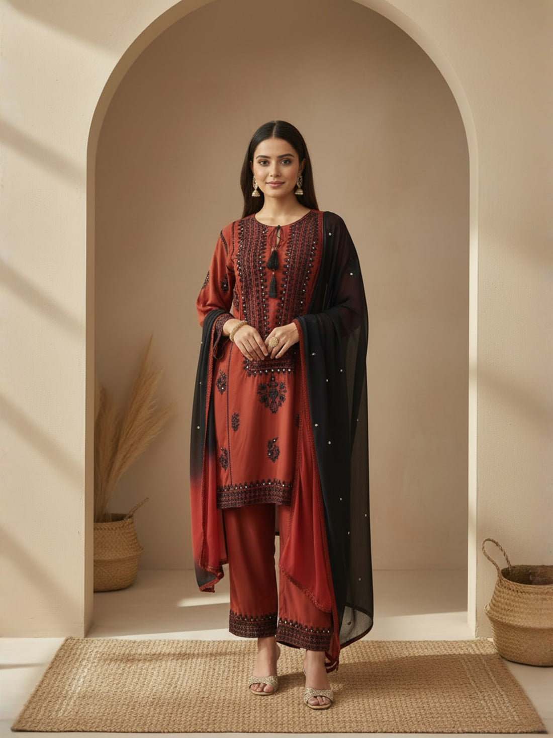 Red and Black Pakistani three piece set