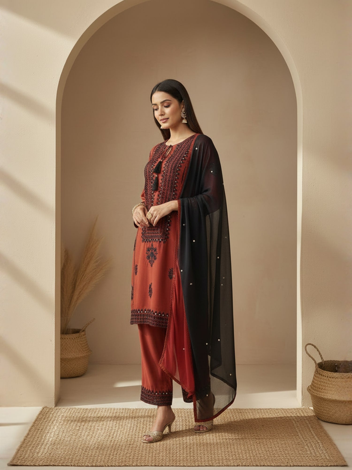 Red and Black Pakistani three piece set