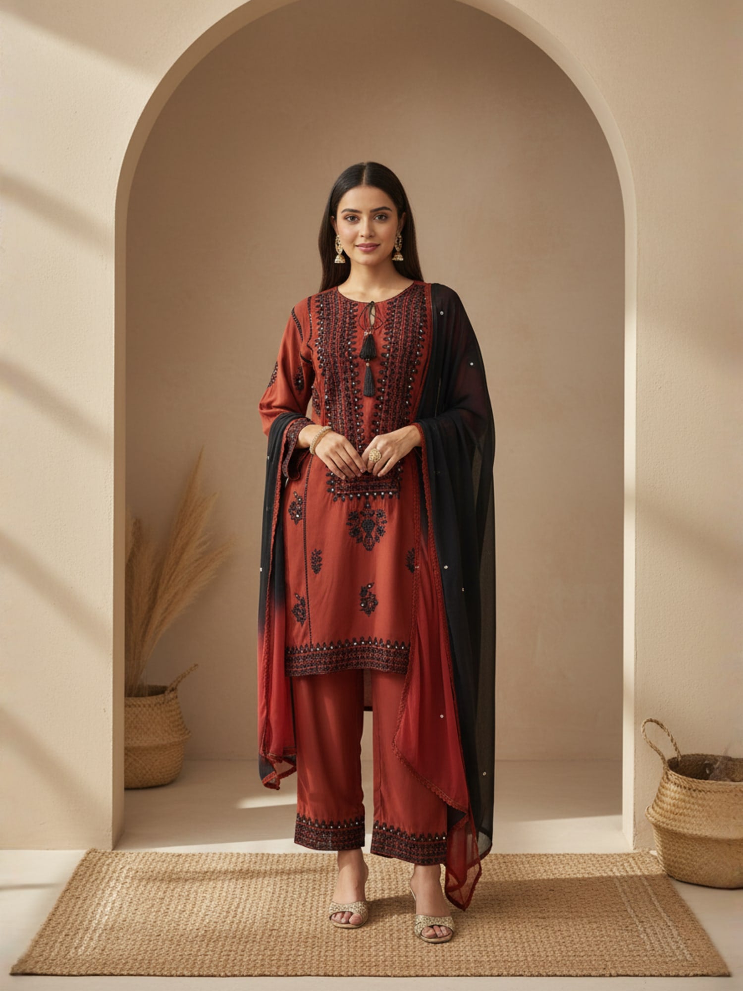 Red and Black Pakistani three piece set
