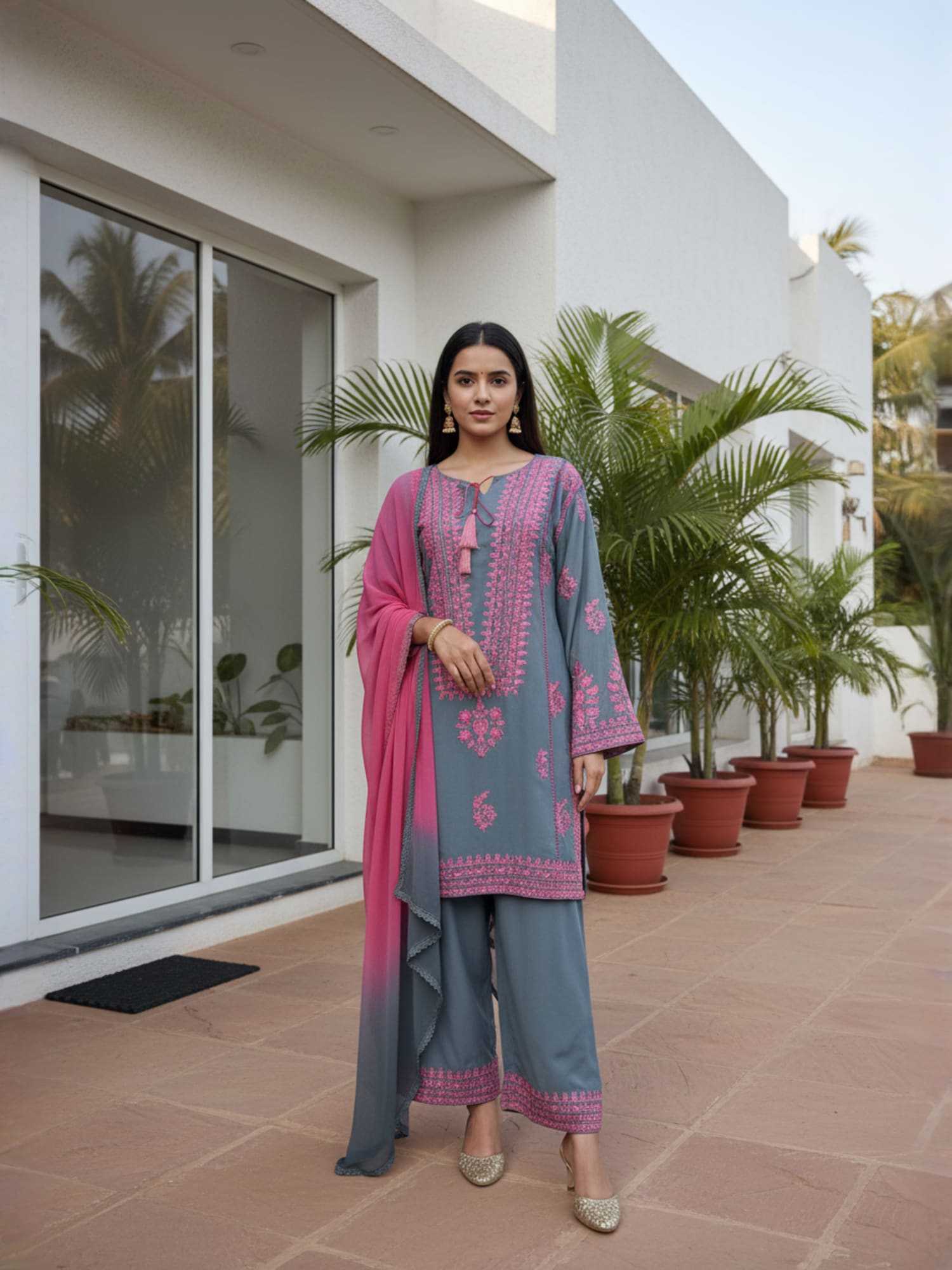 Pink and Blue Pakistani three piece set