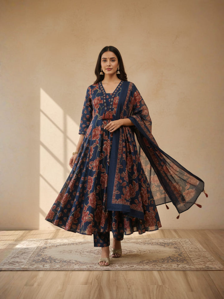 Blue and red floral printed suit
