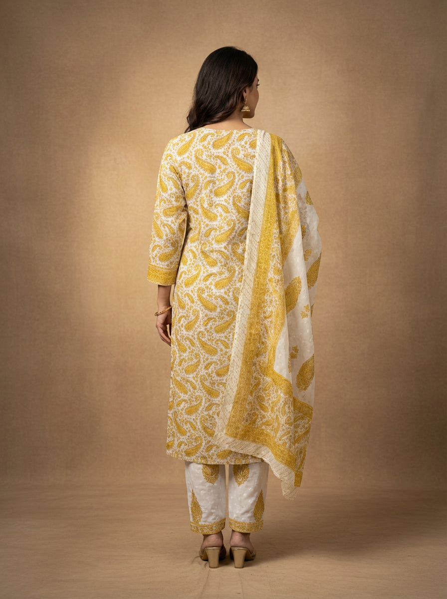 Yellow and white ajrak suit