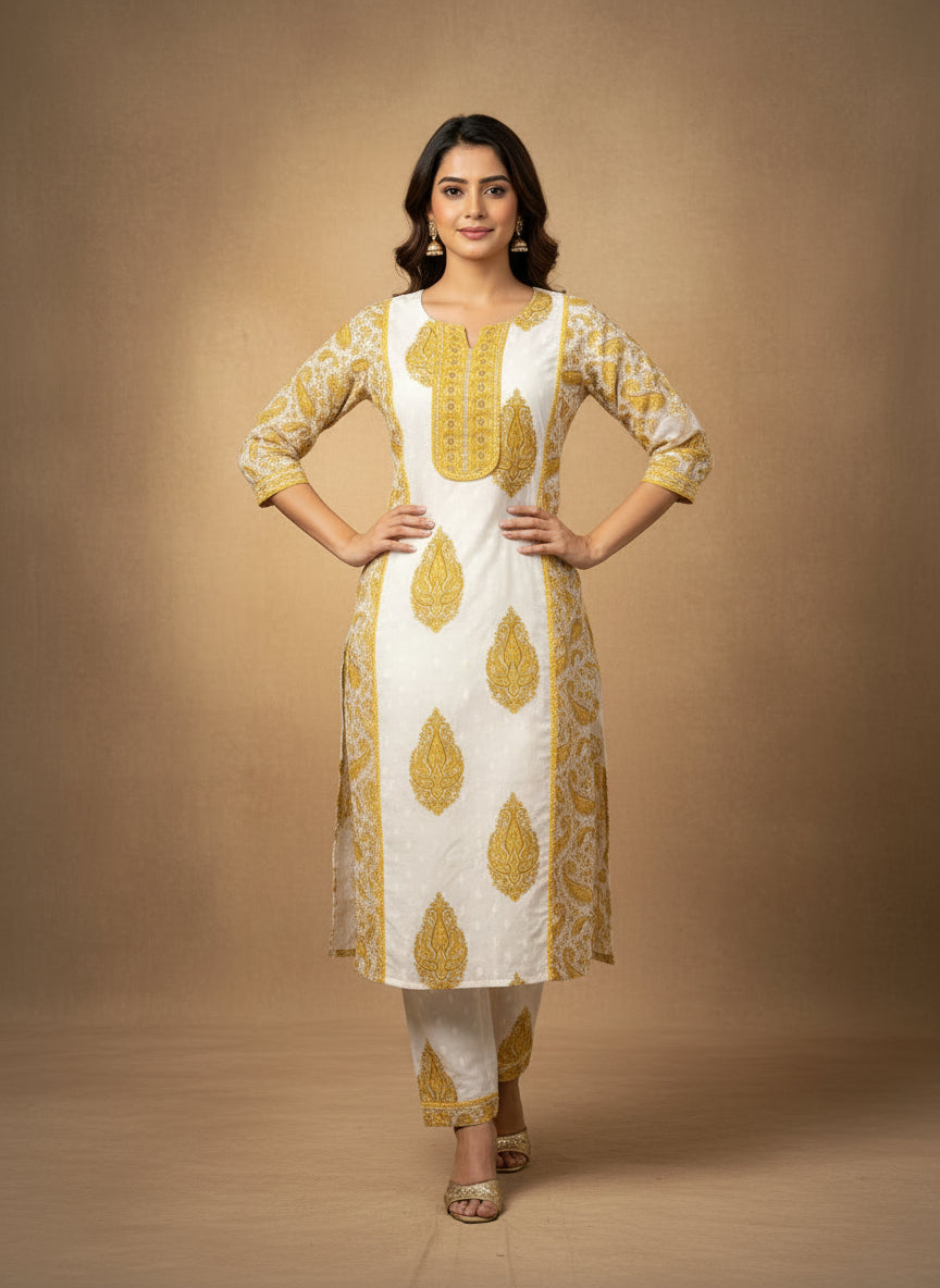 Yellow and white ajrak suit