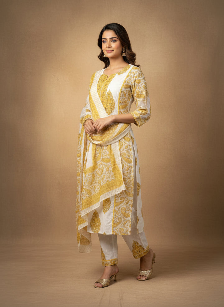 Yellow and white ajrak suit