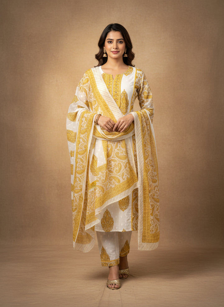 Yellow and white ajrak suit