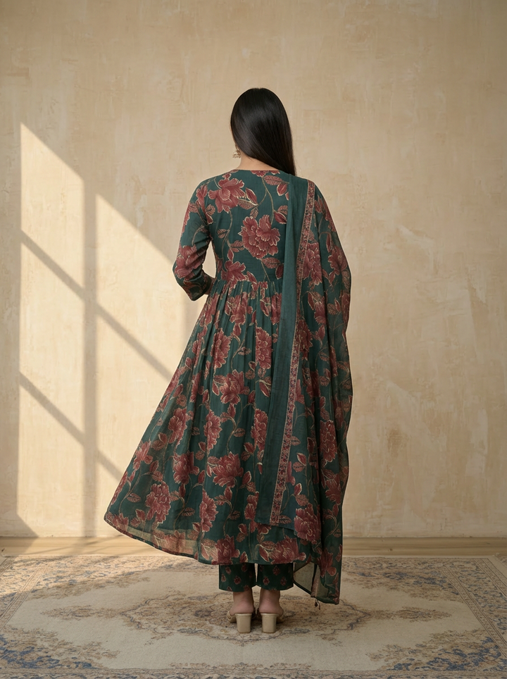 Green and red floral printed suit