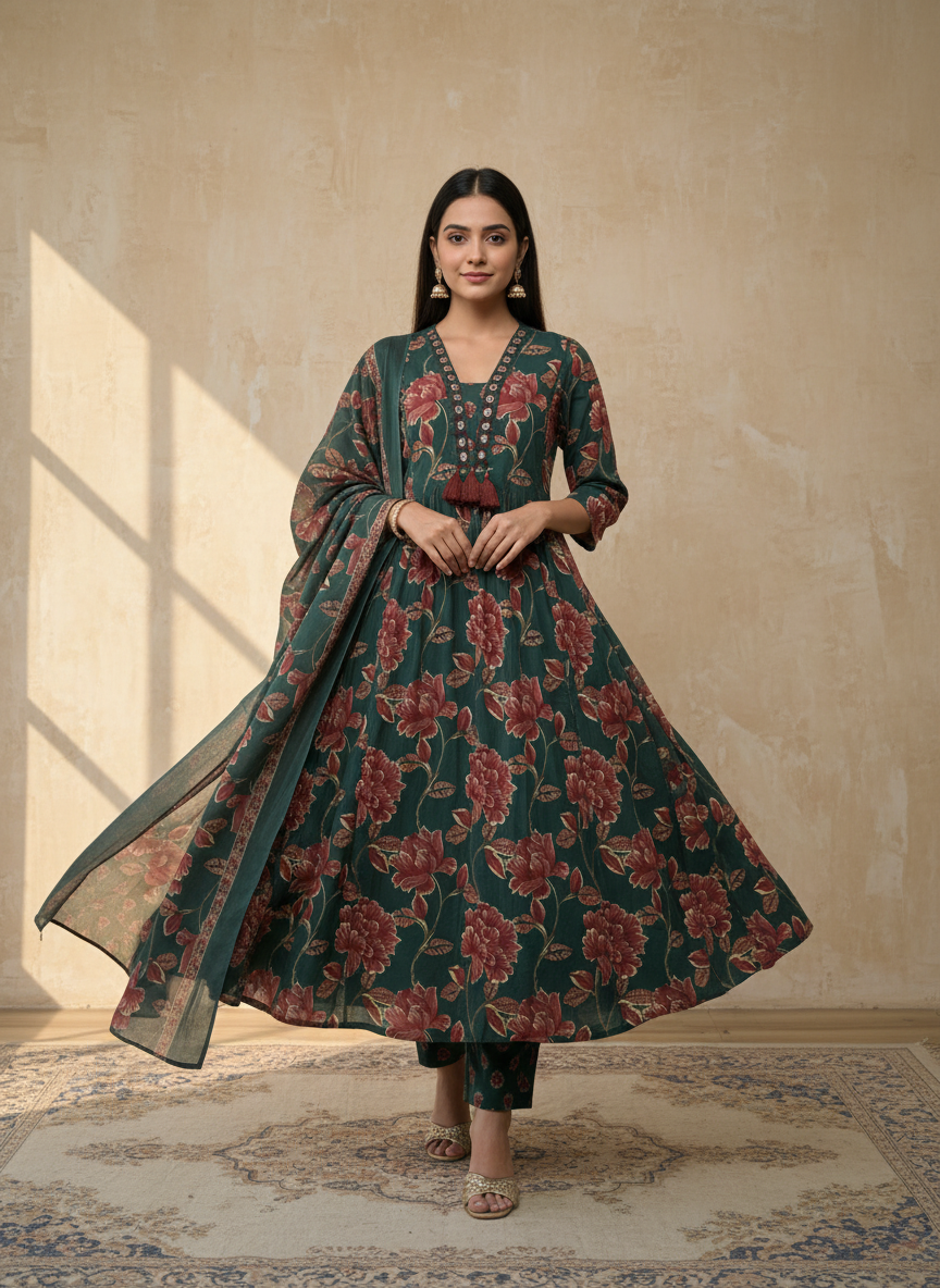 Green and red floral printed suit