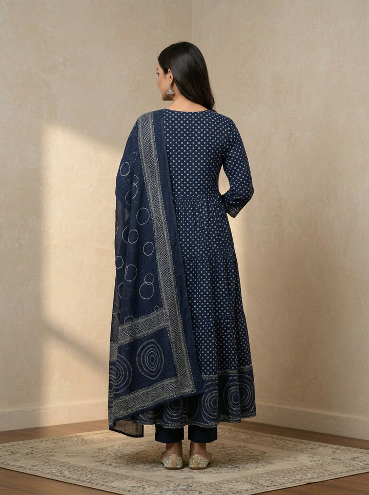 Blue printed mirror anarkali