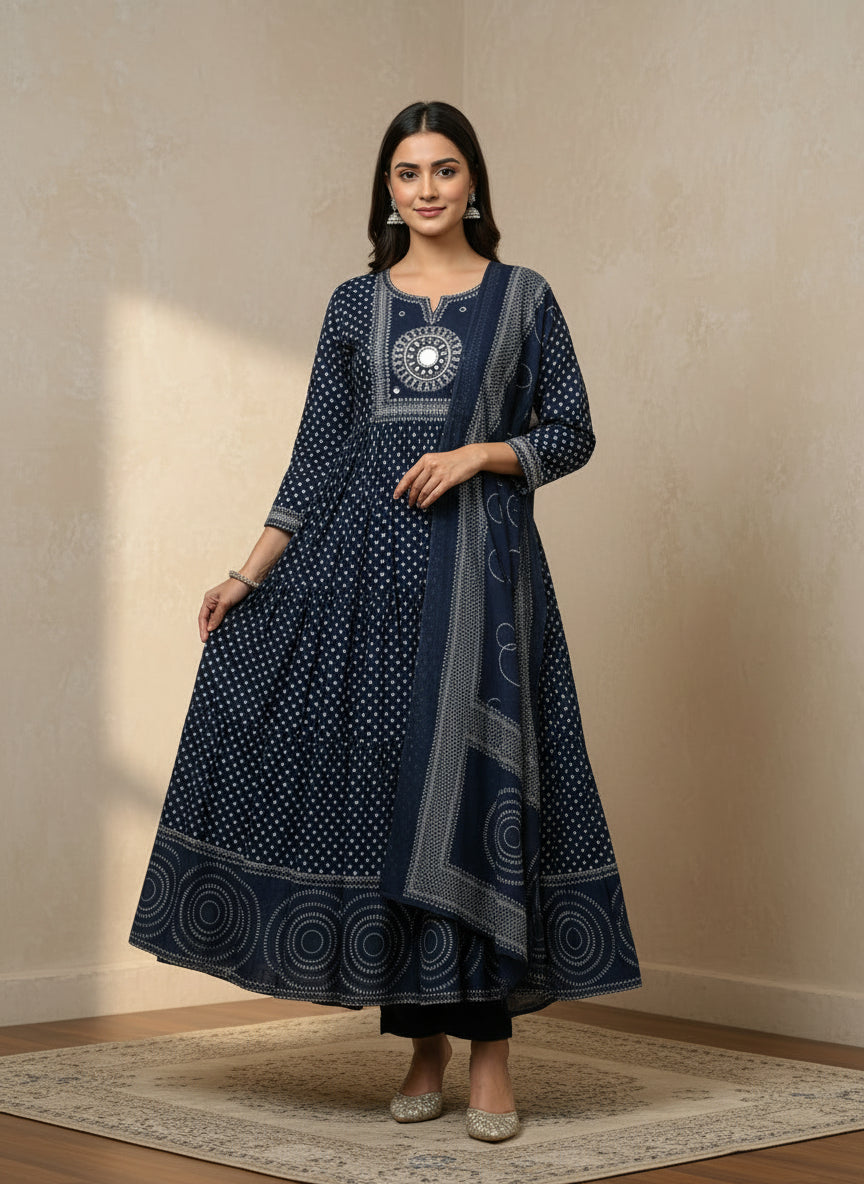 Blue printed mirror anarkali