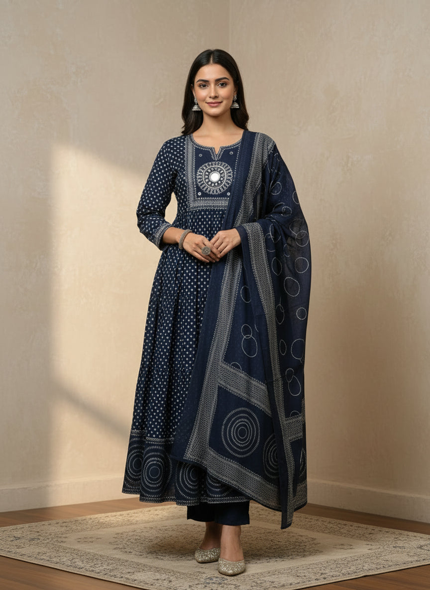 Blue printed mirror anarkali
