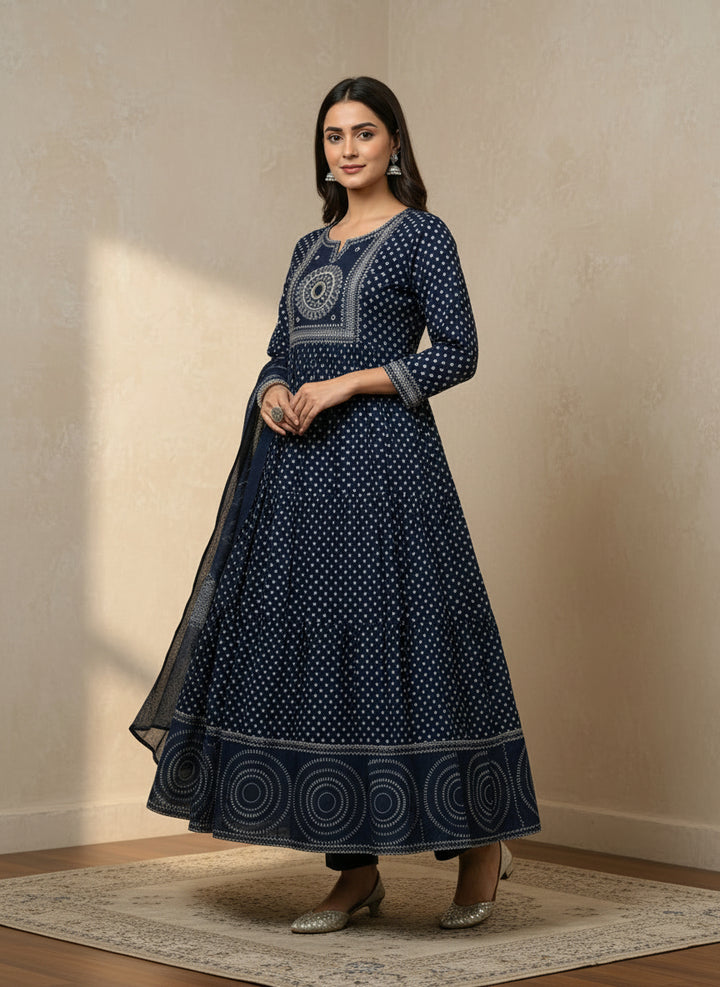Blue printed mirror anarkali