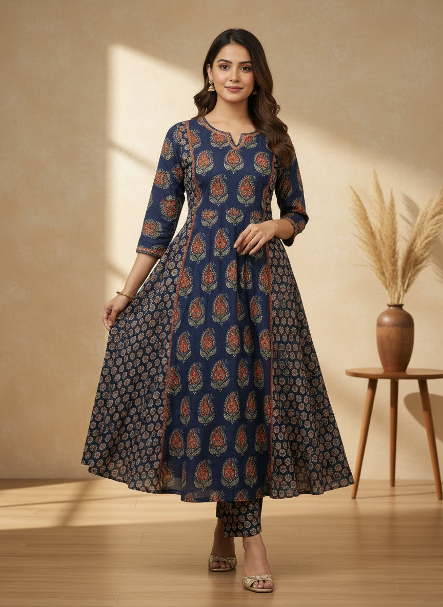 Red and blue ajrak printed suit
