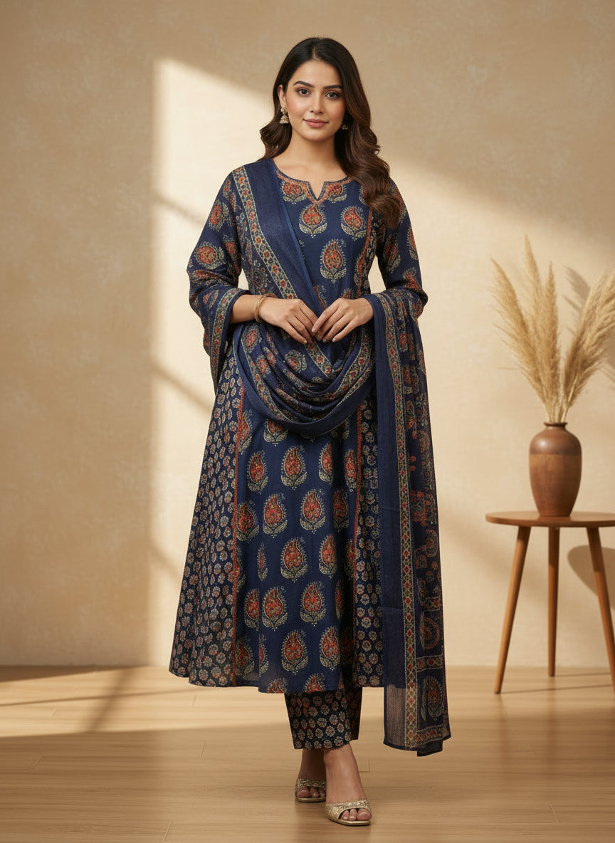 Red and blue ajrak printed suit