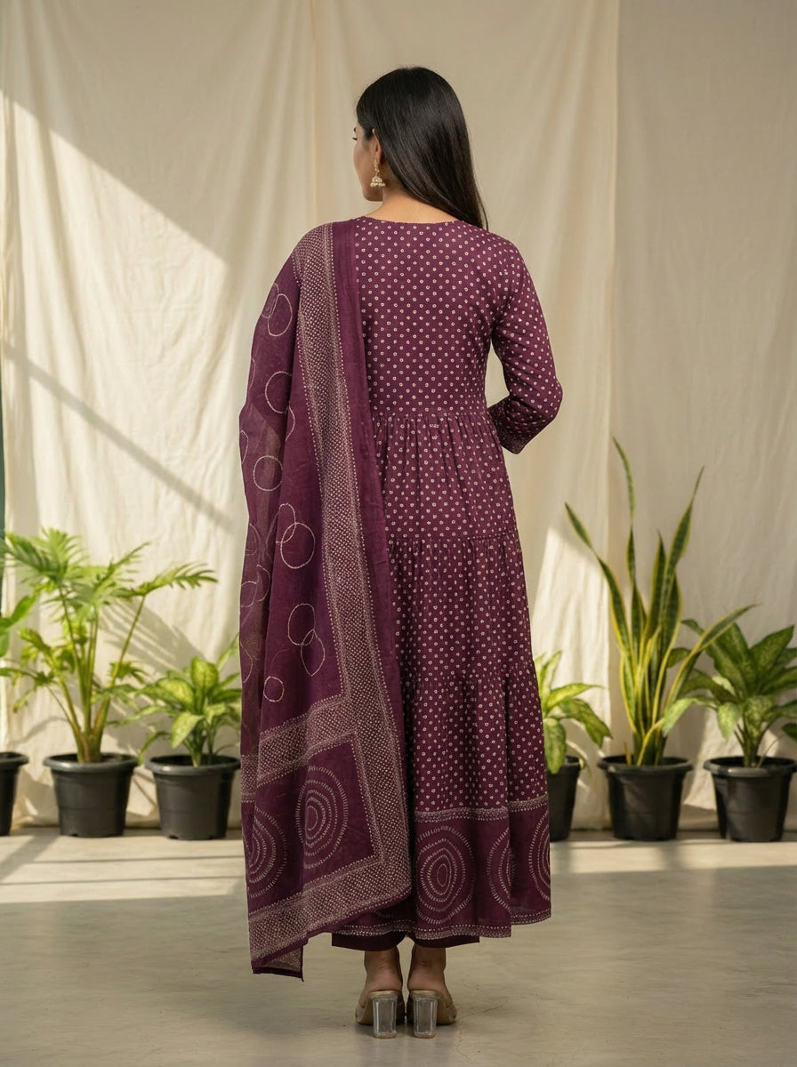 Mulberry Purple printed mirror anarkali