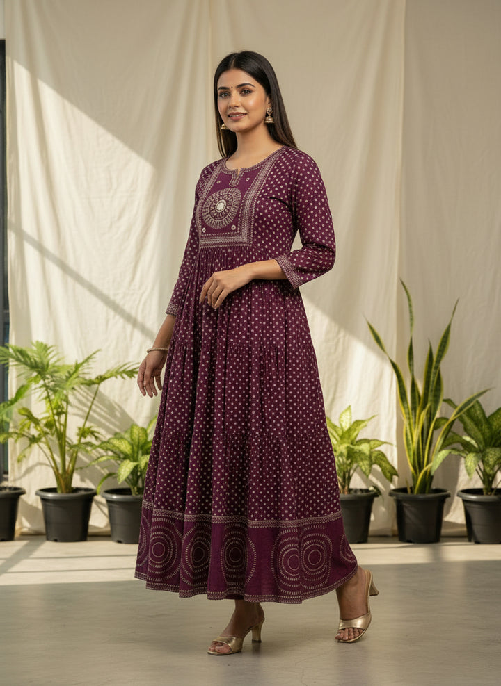 Mulberry Purple printed mirror anarkali