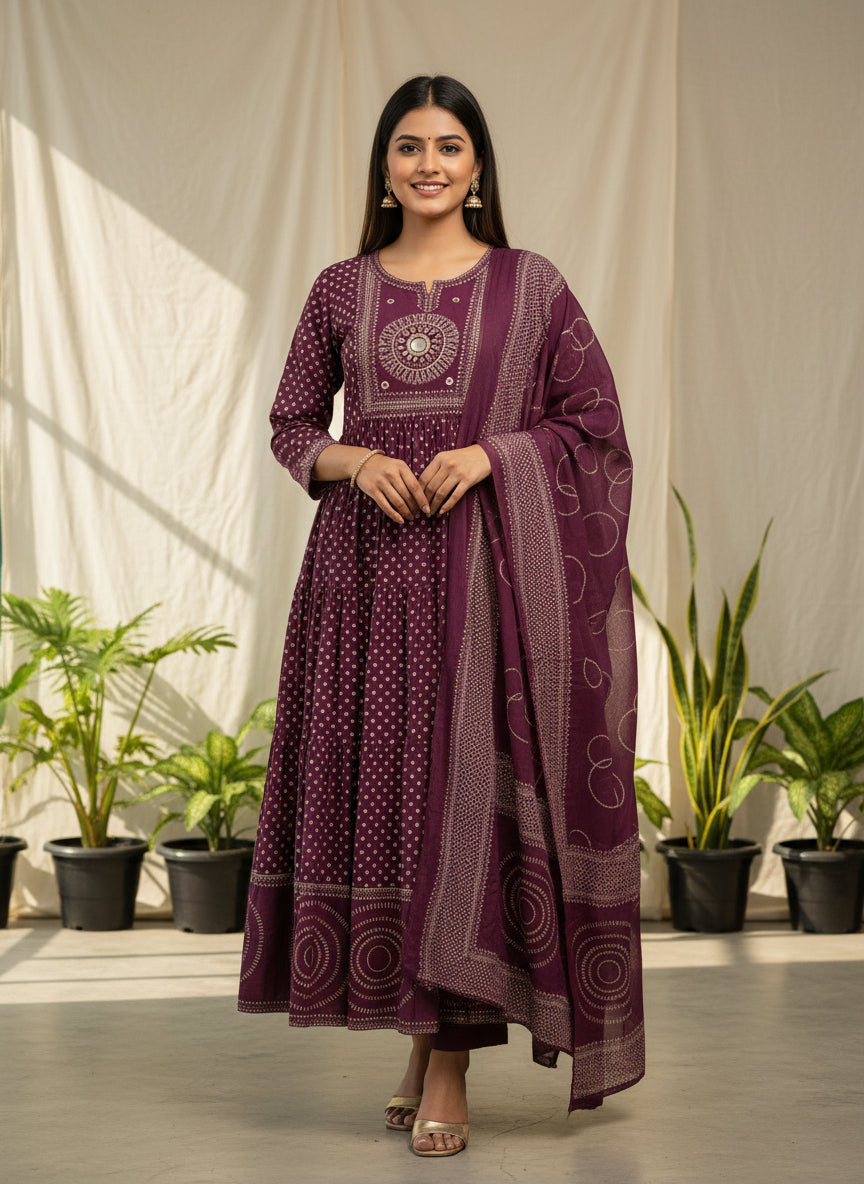 Mulberry Purple printed mirror anarkali