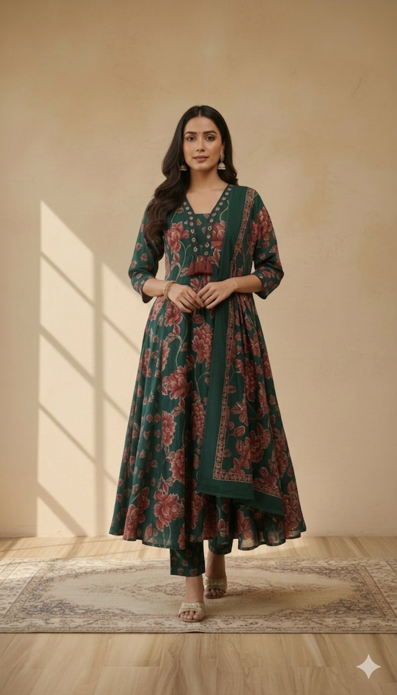 Green and red floral printed suit