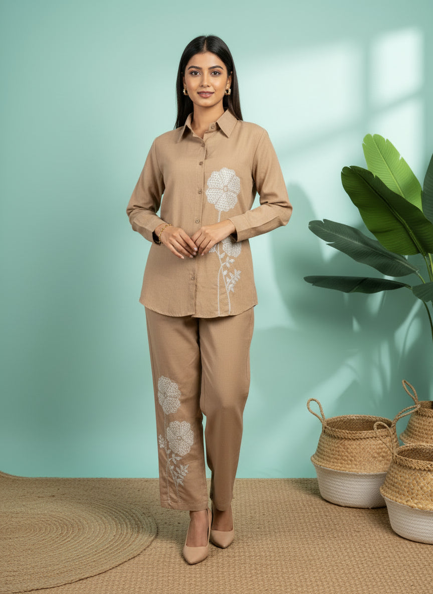 Beige flower embroidery co ord set