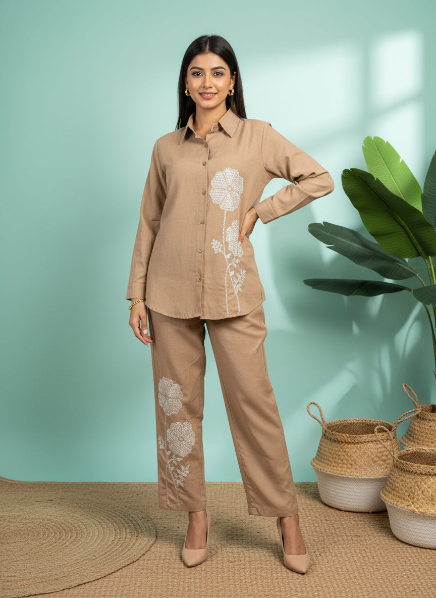 Beige flower embroidery co ord set
