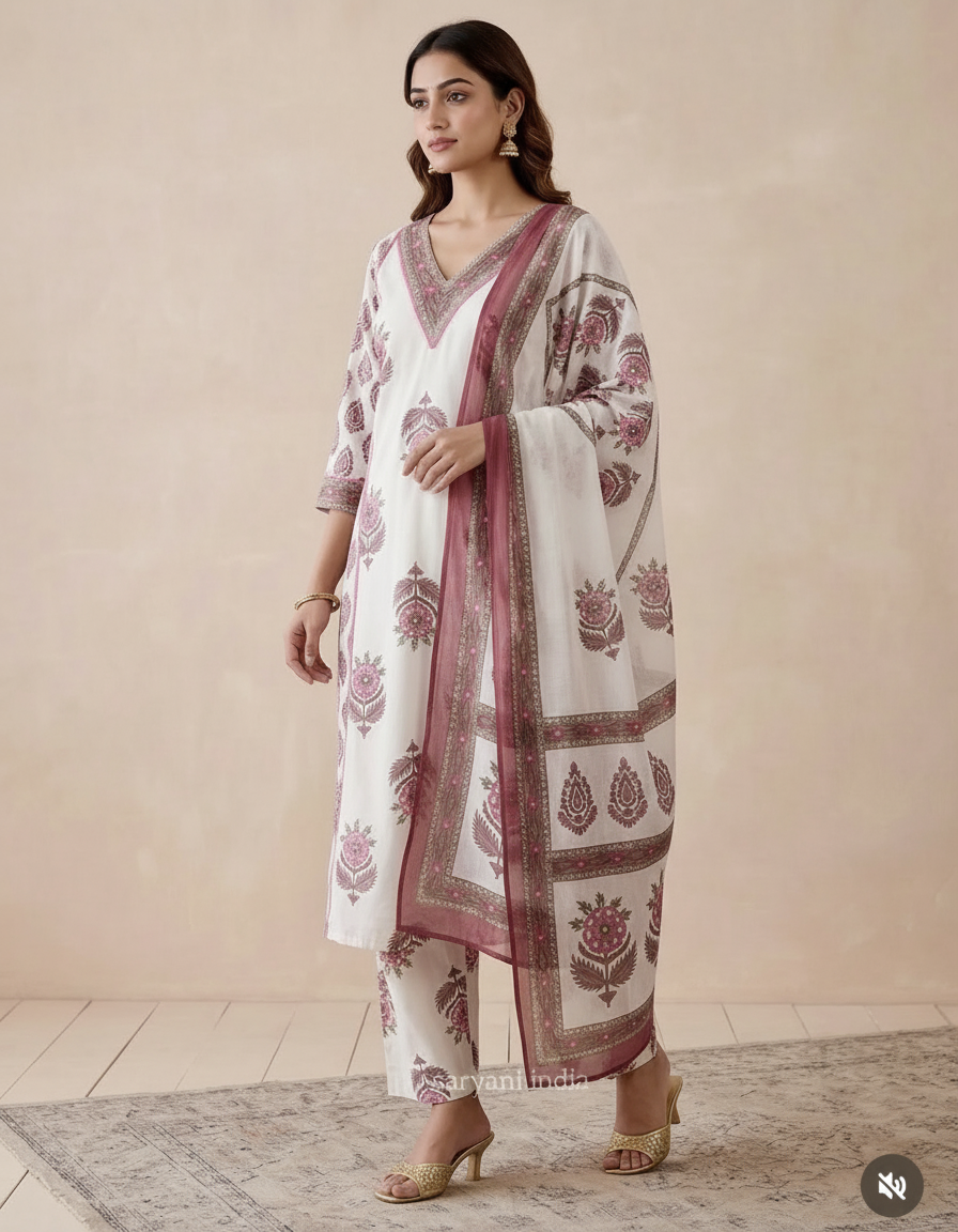 Pink and white ajrak suit