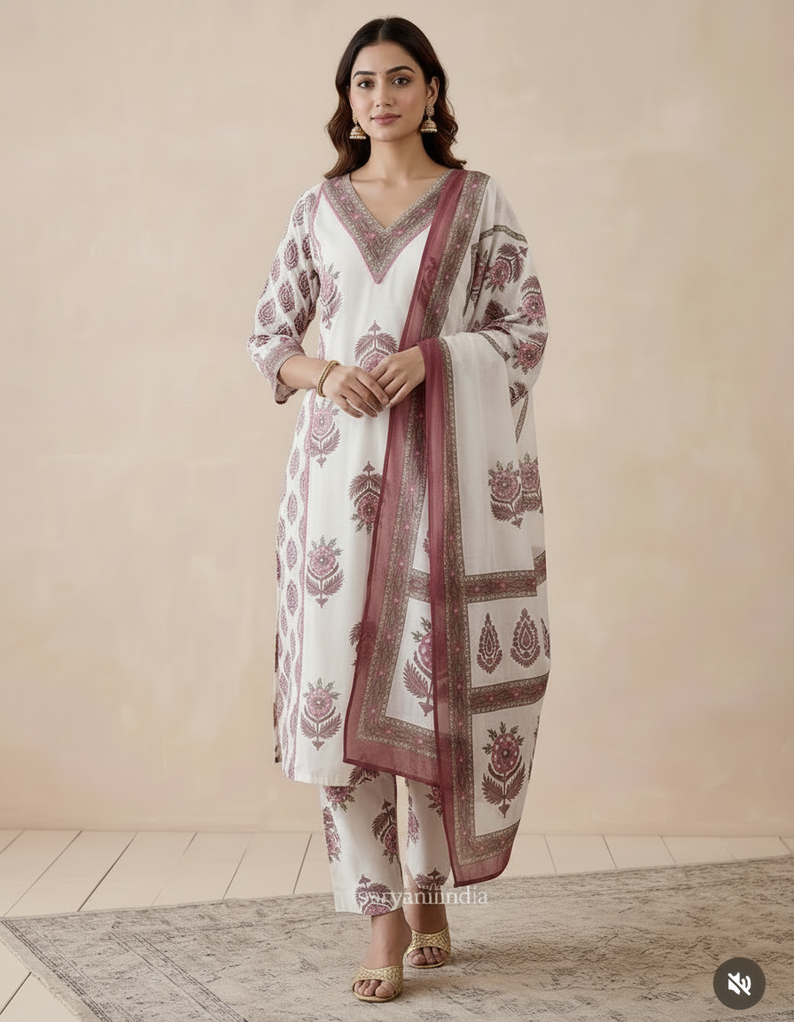 Pink and white ajrak suit