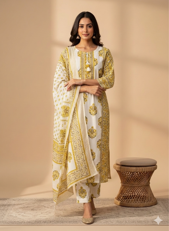 Yellow and white ajrak suit tessels