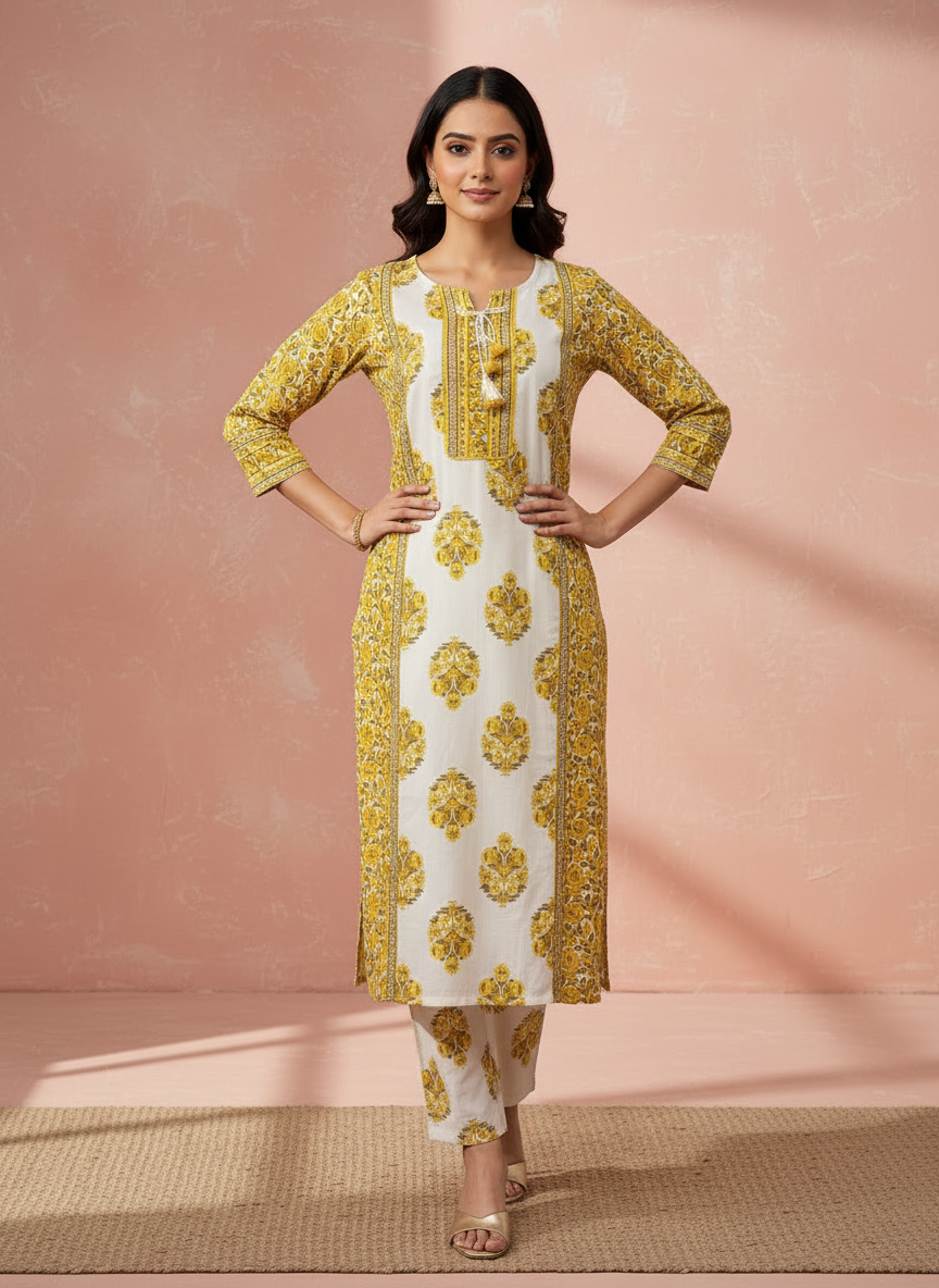 Yellow and white ajrak suit tessels