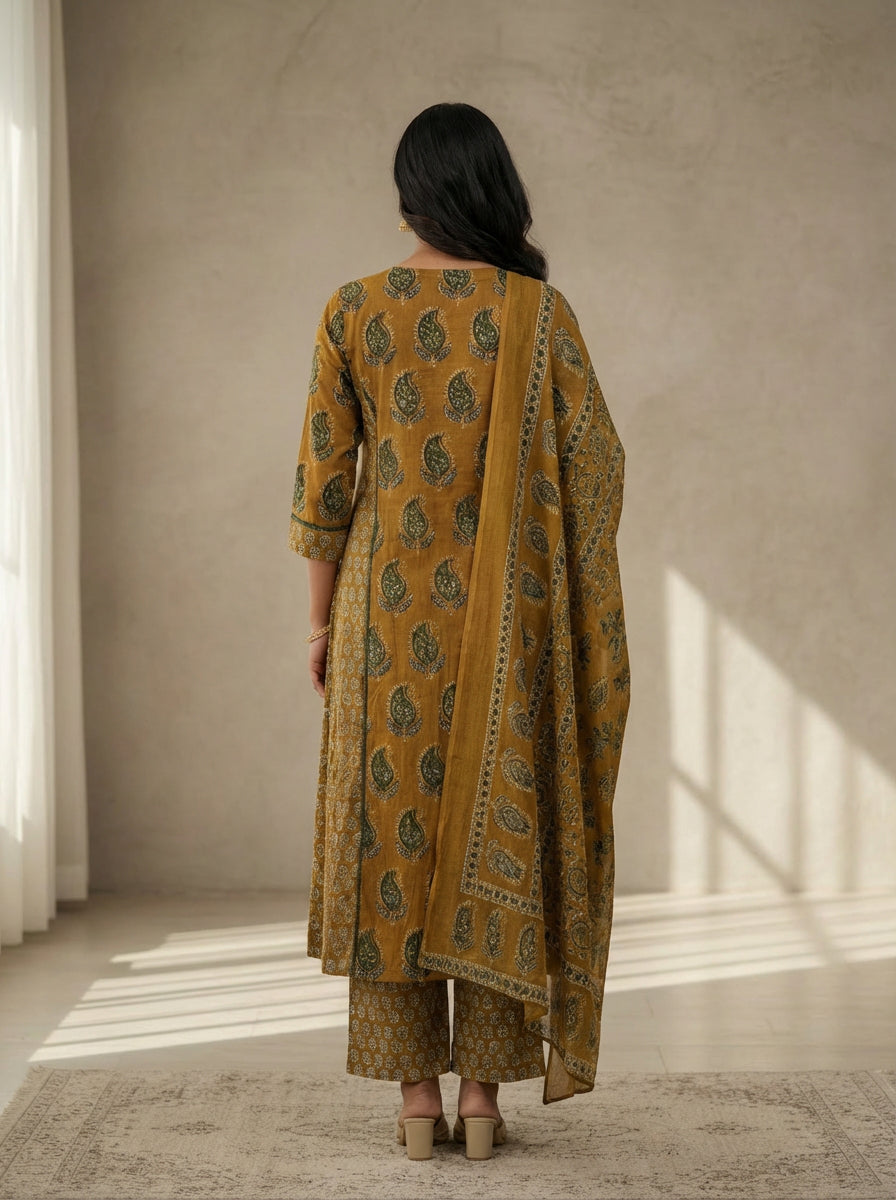 Yellow and green ajrak printed suit