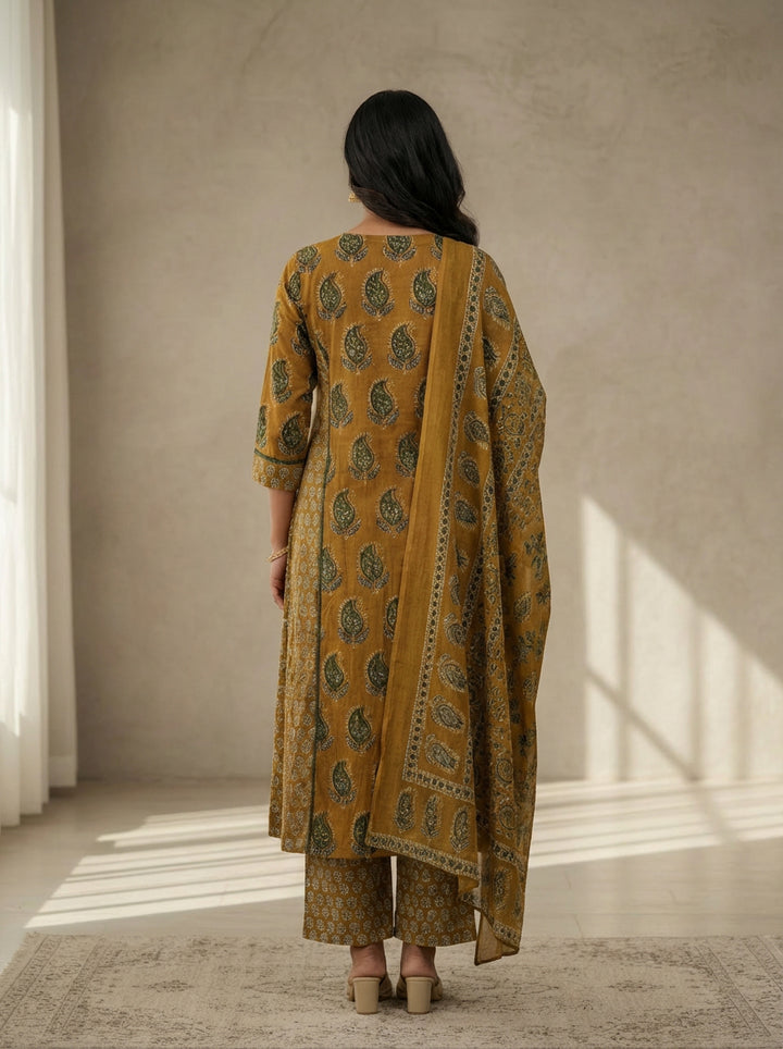 Yellow and green ajrak printed suit