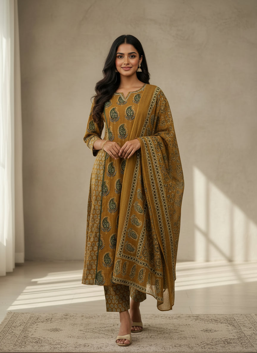 Yellow and green ajrak printed suit