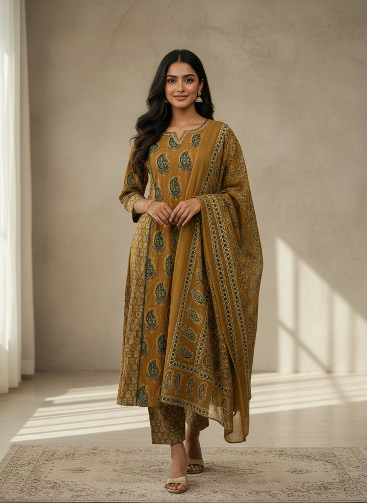 Yellow and green ajrak printed suit